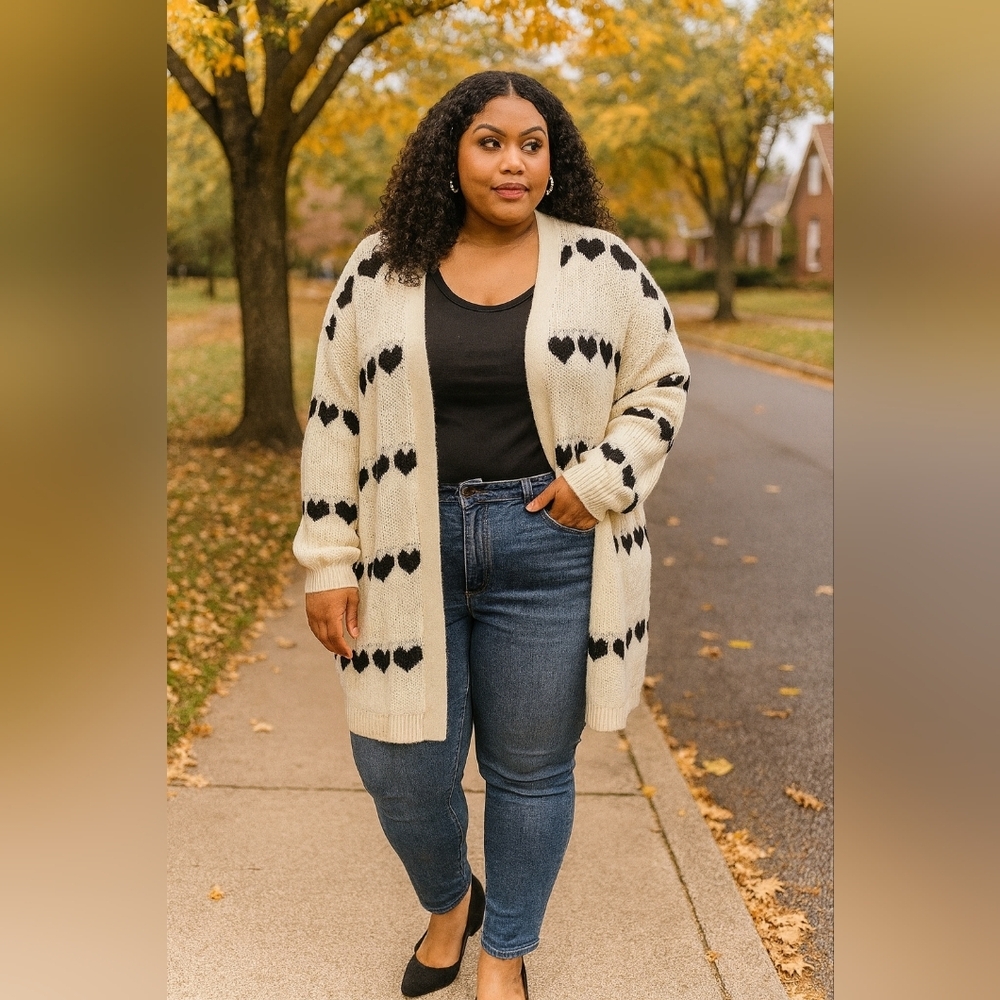 2X Cream & Black Heart Stripe Open Front Cardigan Chunky Knit Oversized Sweater
